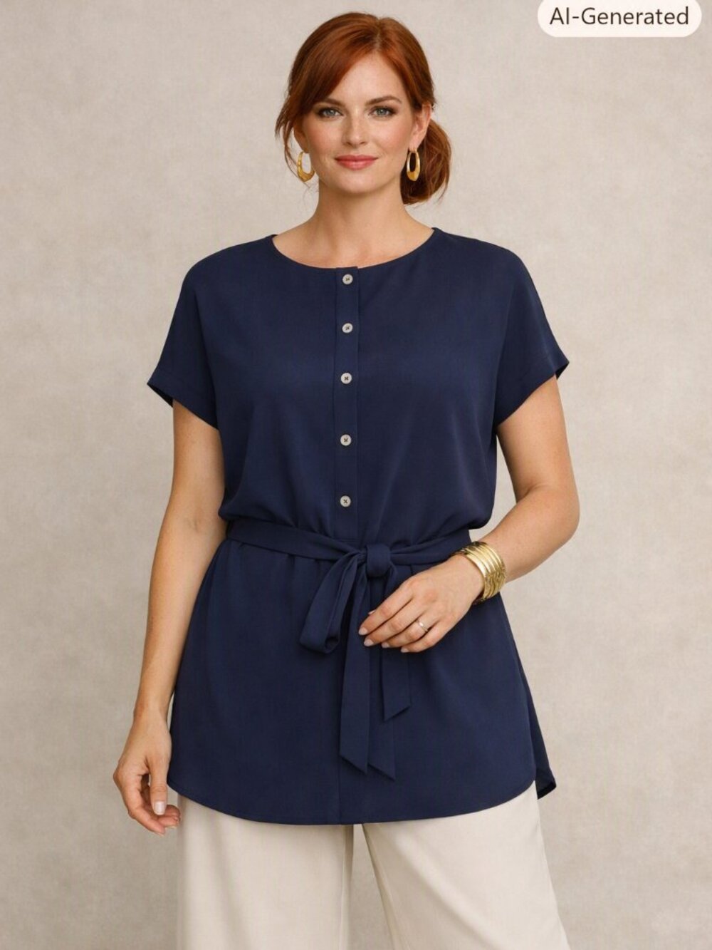 Ann Taylor, navy capped sleeves three-quarter button-down blouse tie belt Med